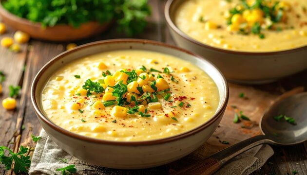 Creamy corn soup with herbs.