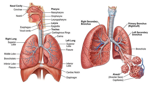 Anatomical illustration of human respiratory system including lungs trachea and nasal cavity for medical education