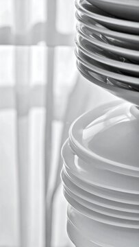 Stack of clean white ceramic plates kitchenware.