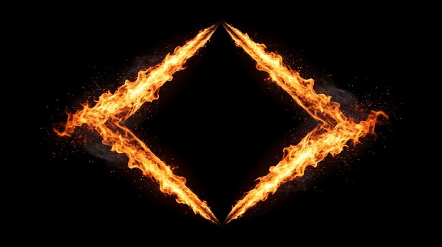 Abstract diamond shape formed by flames, a burning fiery geometric emblem with glowing embers on a black background