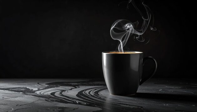 Steaming black coffee mug on dark textured table.