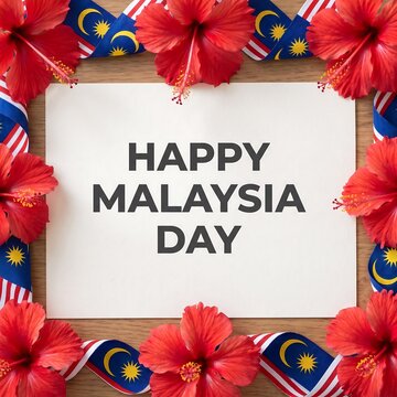 Happy Malaysia Day greeting card with hibiscus flowers