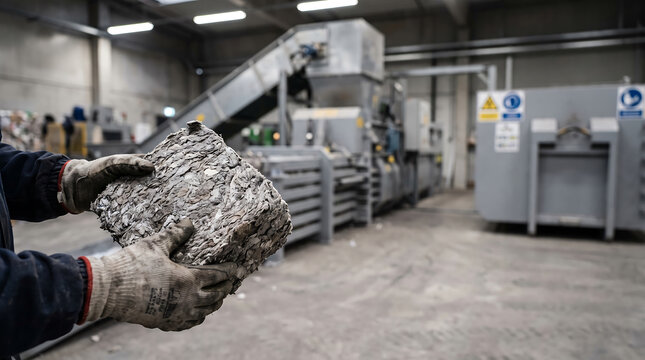 A worker in an industrial setting holds a compressed bale of material, symbolizing sustainable recycling efforts, with ample copy space for advertising and relevant news.