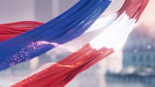 Dynamic waving tri colored flag over urban skyline with blurred cityscape background flag movement