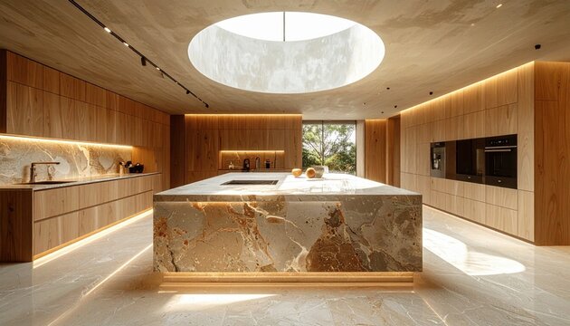 Luxury Wooden Kitchen with Sculptural Stone Island and Skylight