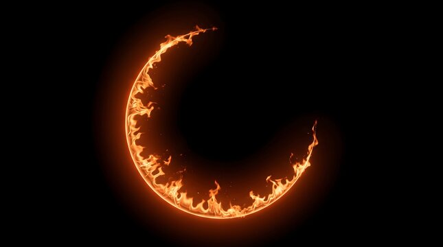 Crescent moon shape made of fiery flames on a dark background, symbolizing power and mystery