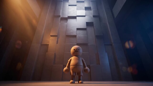 強固なサーバーブロックの施設で落ち込んだ状態から立ち直るクレイ調マスコットの3D動画