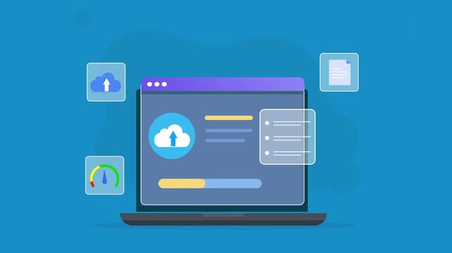 Modern flat vector animation of a laptop cloud storage dashboard with upload, file, and accessibility interface elements for digital data management and technology concepts.