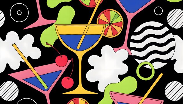 Bold pop art cocktail and citrus pattern seamless background for summer collection. Vibrant tropical drink and fruit vector texture for beach wear, packaging design, and party decor.