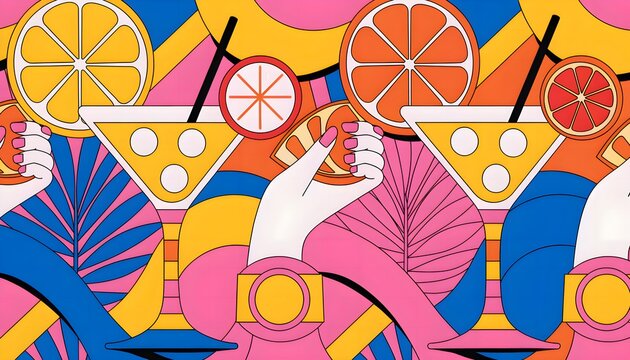 Vibrant summer cocktail and citrus fruit pop art pattern background. Seamless tropical drink vector graphics ideal for beverage packaging, bar menu cover, swimwear, and print design.