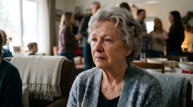 Sad elderly woman crying during a family gathering at home.