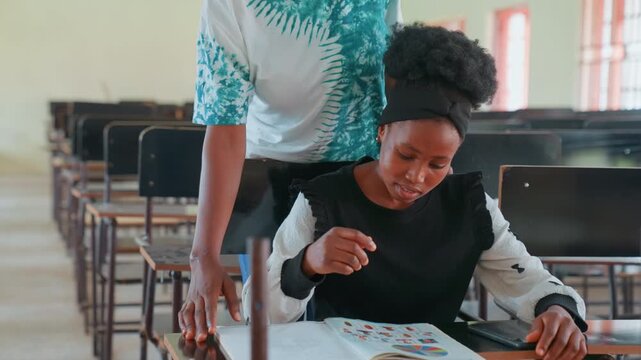 Black mother tutoring daughter at desk. Classroom interior with rows of desks, hands pointing at pages, student reads, mentor guidance and focused concentration showing family support