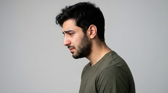 Side view of a sad and depressed young man looking down with a worried expression.