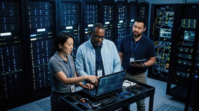 Professional IT technicians working in data center, diverse engineers monitoring server room hardware, network administration team