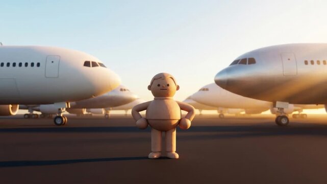 夕暮れの巨大な空港の滑走路で、落ち込みから立ち直り自信を見せるクレイ調マスコットの3D動画