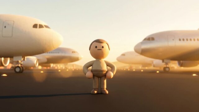 夕暮れの巨大な空港の滑走路で、落ち込みから立ち直り自信を見せるクレイ調マスコットの3D動画
