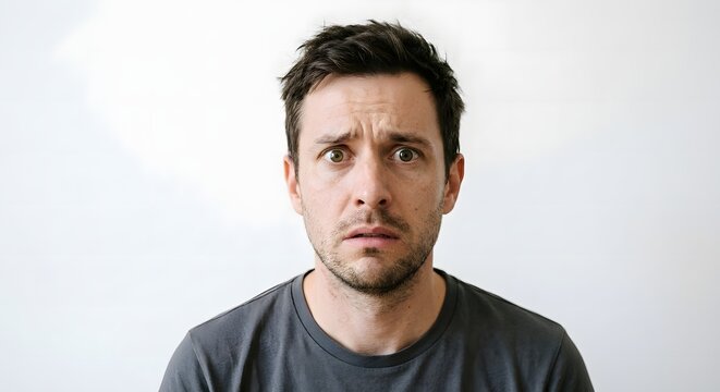 Young man with a surprised and confused facial expression looking directly at the camera against a white background.