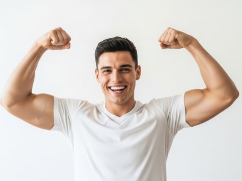 Man flexing arms showing strong muscles and smiling