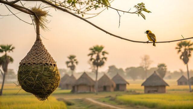 Baya weaver bird near hanging nest in rural village landscape at sunrise