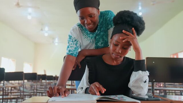 Teacher guides young student academically. Female parent supports teenager during quiet study session. Mother provides educational guidance to her teenage child in peaceful classroom environment