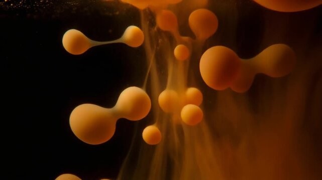 Soft orange and amber wax blobs rise, merge, and separate within clear liquid, glowing through warm backlighting with fluid motion against deep black and retro atmospheric styling.