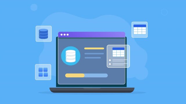 Modern flat vector animation of a laptop database dashboard with data storage, records, calendar, and digital management interface elements for business technology concepts.