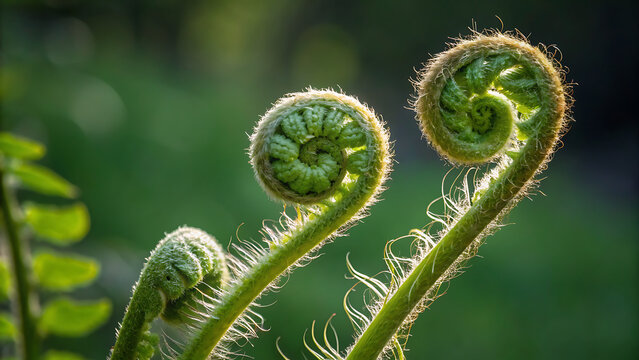 Macro close-up of vibrant green fern fiddleheads unfurling in a sunlit forest garden.