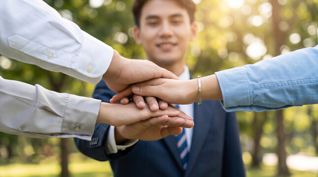 Close up of business team stacking hands together. Corporate teamwork, partnership and unity concept