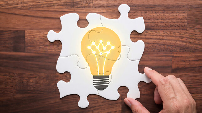 Hand completing a jigsaw puzzle with a glowing light bulb and network graph. Top view business concept for innovation and problem solving
