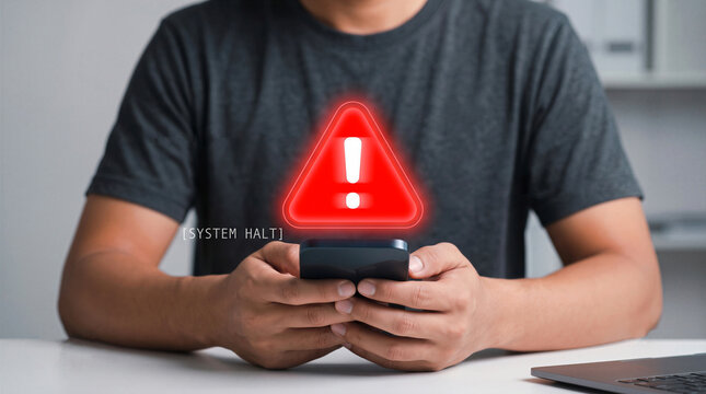 Man holding smartphone with a glowing red danger warning sign and system halt error. Spam calls, cybersecurity, and malware