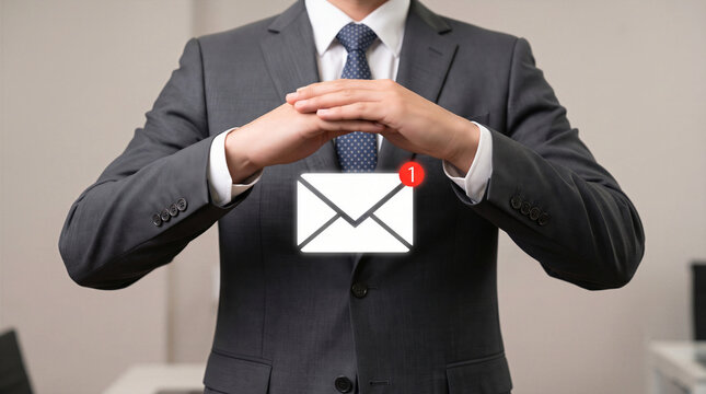 Businessman hands protecting a glowing email envelope icon with unread message. Secure communication and data privacy business concept