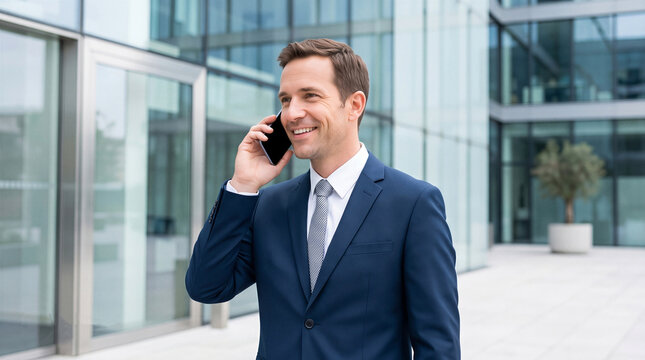 Smiling businessman talking on a mobile phone outside a modern corporate office building. Professional success concept