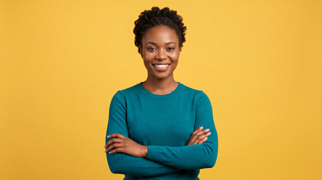 Portrait of a happy, confident woman with crossed arms smiling on a yellow background