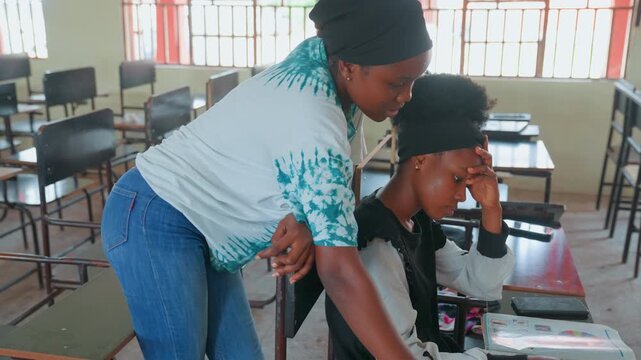 Black mother tutoring child at classroom, volunteer tutor leaning over desk guiding stressed teen through worksheet, gentle hand on page, rows of empty desks and bright window light, focused study