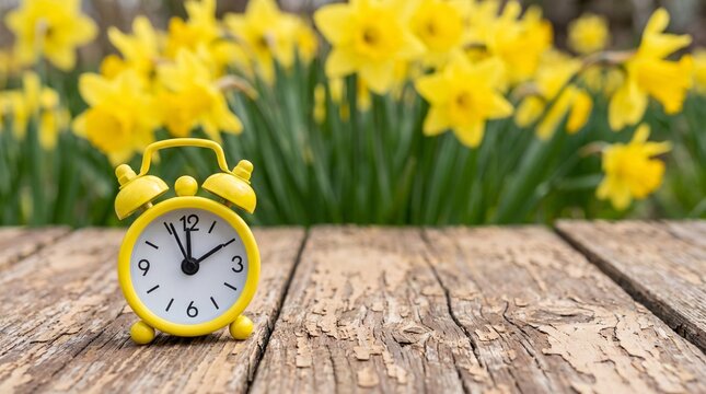 Yellow Alarm Clock on Rustic Wooden Table Surrounded by Blooming Spring Daffodil Flowers