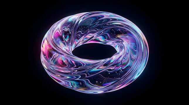 Abstract iridescent torus shape with liquid marble texture on black background