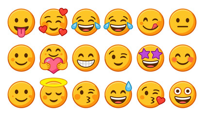 Fototapeta premium Large Yellow Emoji Collection with Diverse Facial Expressions Including Love Laughing Winking Angel Heart and Tongue Out Emoticons for Social Media Vector Illustration