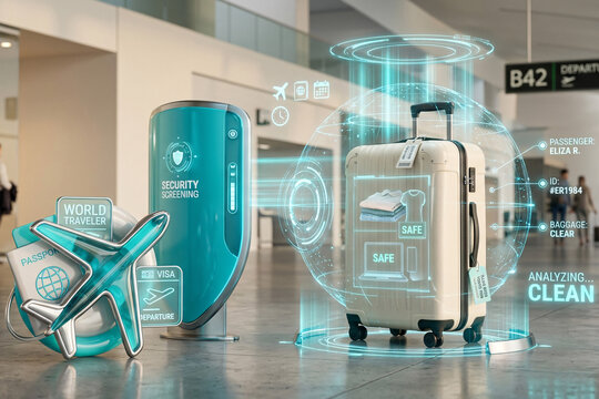 Standing luggage suitcase and blue passport cover with glowing shield insurance icon