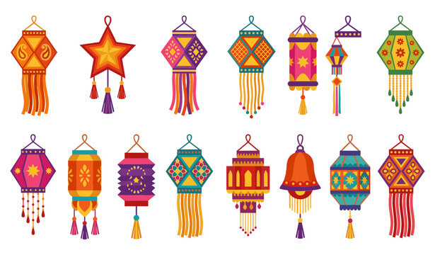 Diwali Akash Kandel Lantern Vector Icon Set Featuring Colorful Traditional Indian Hanging Lamps for Festival of Lights Cultural Celebrations