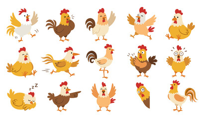 Obraz premium Cute Chicken and Rooster Vector Character Set Featuring Cartoon Farm Birds expressing Various Emotions and Cute Actions for Kid Designs