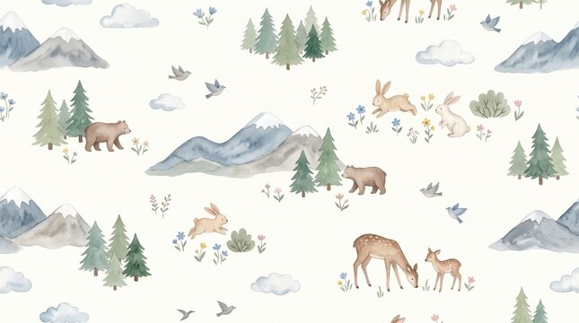 Seamless watercolor mountain woodland pattern with bear, deer, rabbits, pine trees, clouds and birds on white background, cute forest nursery fabric and wallpaper design artwork

