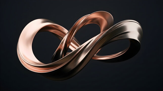 Abstract metallic infinity loop shape with a smooth copper texture on a dark background