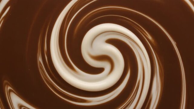 Thick cream swirls into dark liquid, forming smooth marbled tendrils under soft overhead lighting, with cream white and espresso brown tones creating cozy cinematic fluid motion.