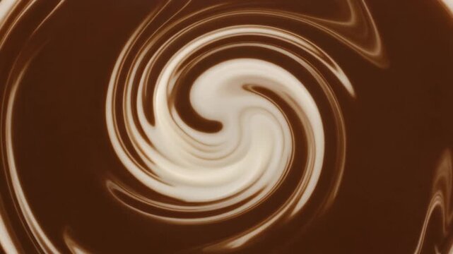 Thick cream swirls into dark liquid, forming smooth marbled tendrils under soft overhead lighting, with cream white and espresso brown tones creating cozy cinematic fluid motion.