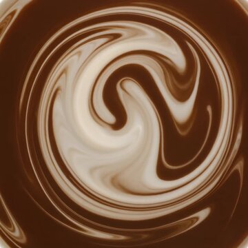 Thick cream swirls into dark liquid, forming smooth marbled tendrils under soft overhead lighting, with cream white and espresso brown tones creating cozy cinematic fluid motion.