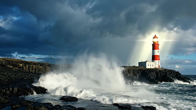 Red and white lighthouse on rocky coast with waves.
