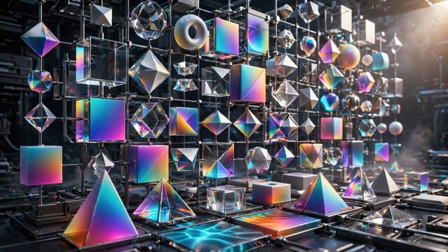 Abstract Geometric Shapes with Rainbow Colors and Reflections.