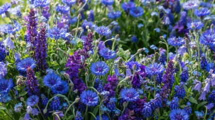 Obraz premium Purple Blue Wildflower Garden With Tall Flower Spikes and Lush Foliage