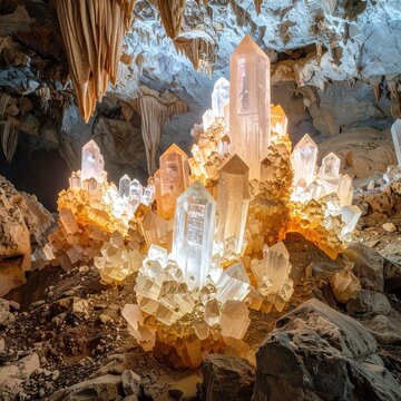 Large glowing quartz crystal clusters inside underground rocky cave
