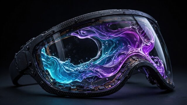 Futuristic Goggles Reflecting Swirling Nebula of Cosmic Colors.